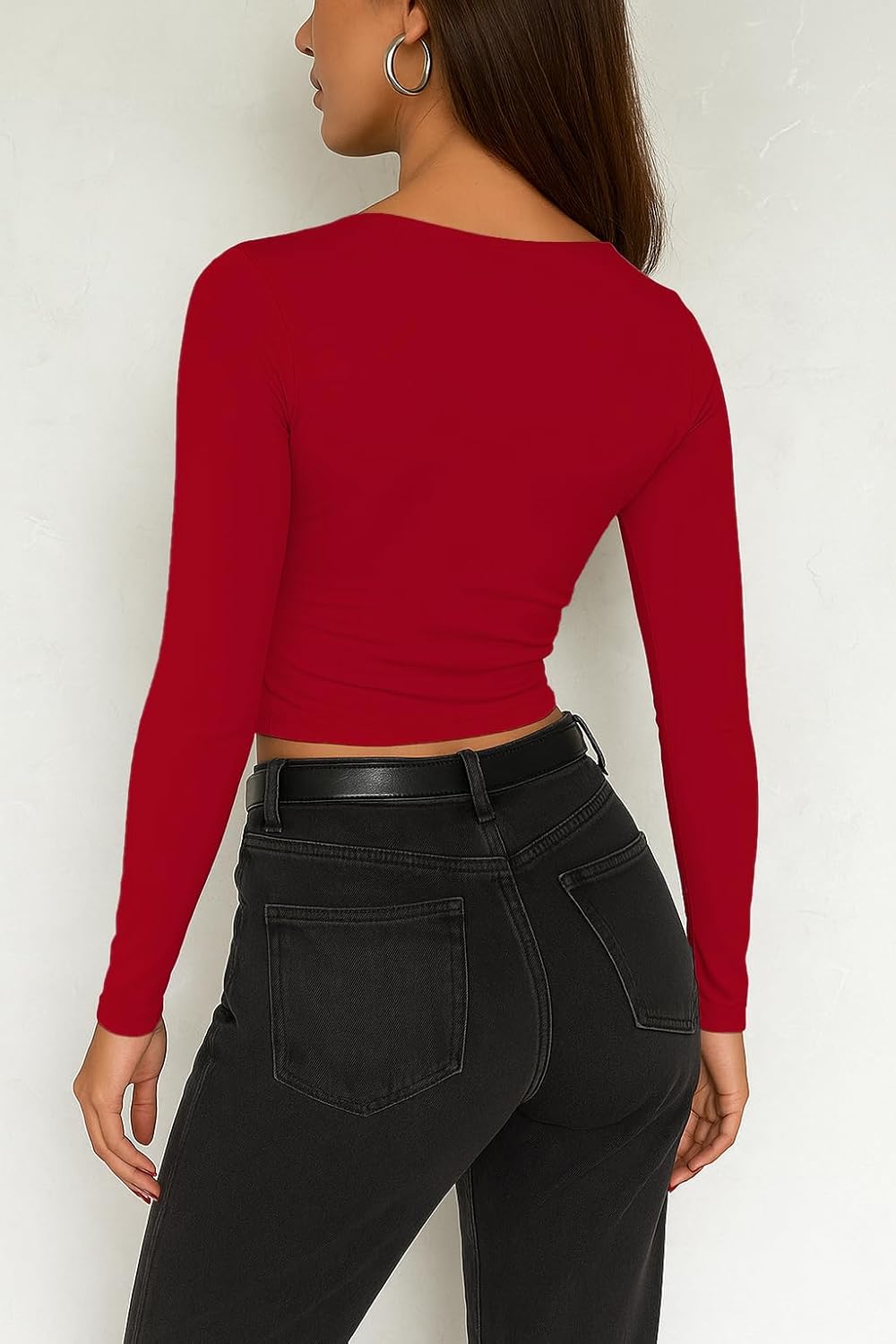 ForeFair Womens Long Sleeve Crop Tops Shirts Casual V Neck Going Out Top Double Lined Slim Fitted Basic Tee - Image 3