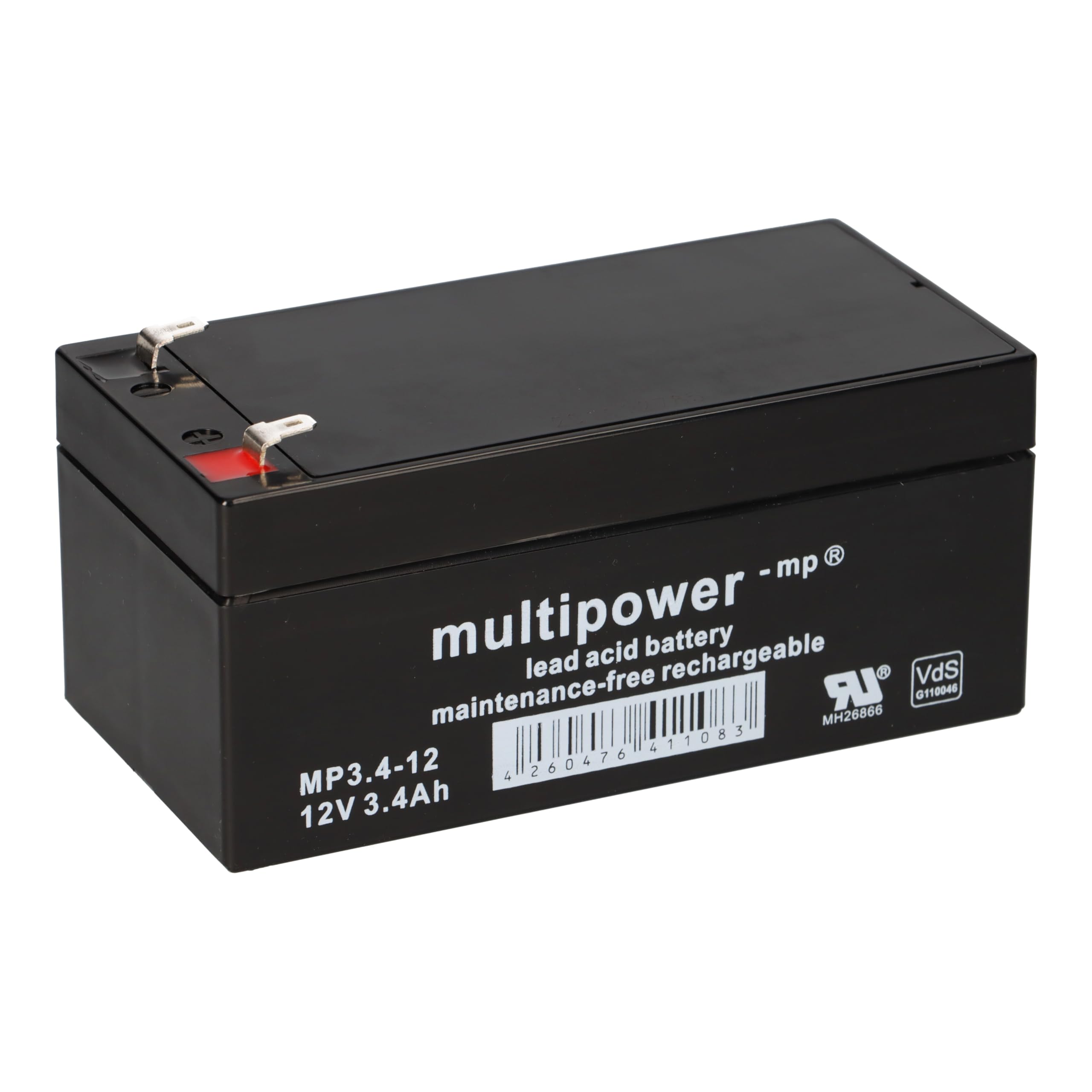Multipower MP3.4-12 PB – 12 V Blei-Akku, 3400 mAh, 2 Faston 4,8 mm, Maße ca. 134 × 67 × 60 mm