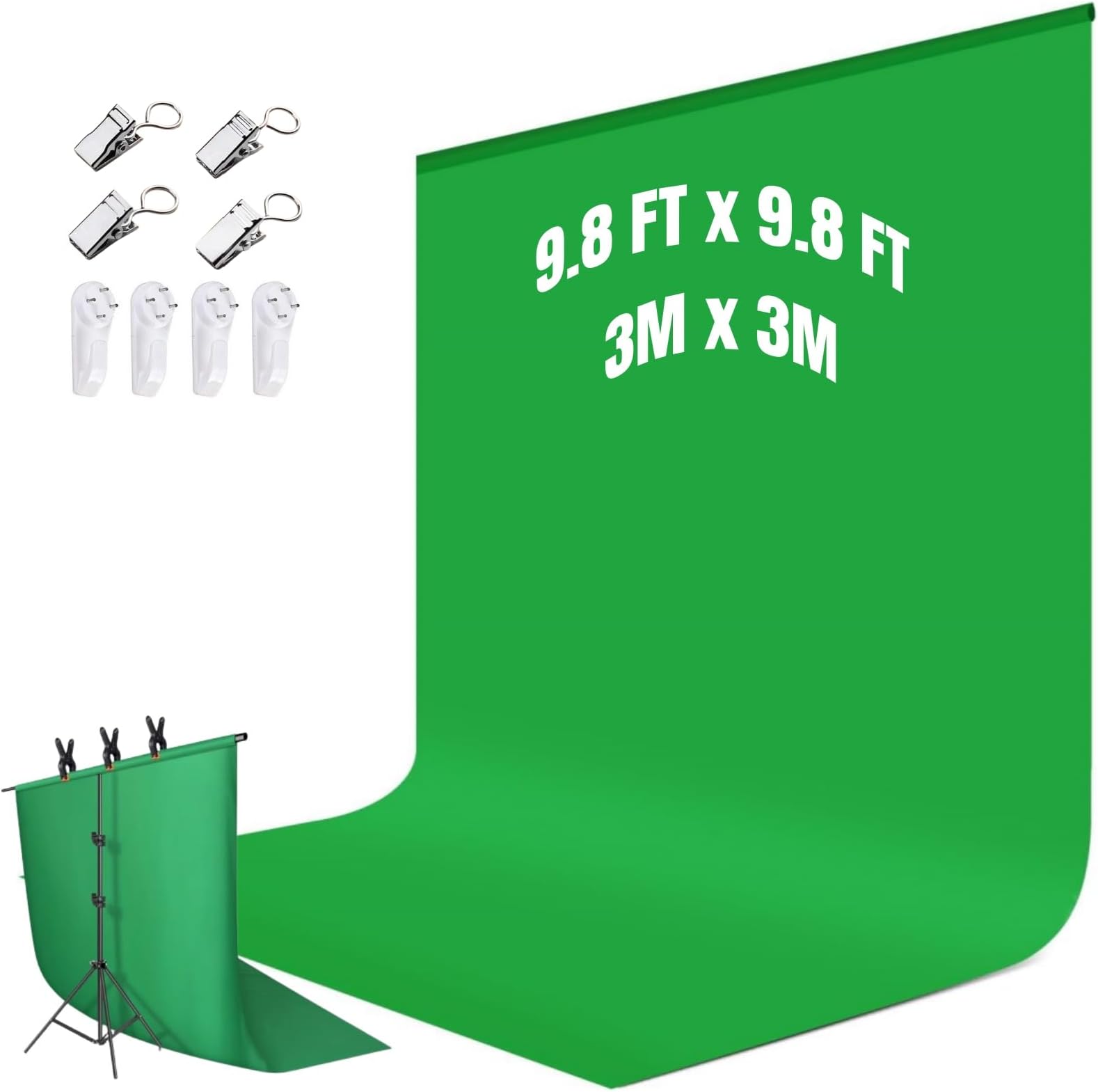 Green Screen Backdrop Kit, 9.8 FT x 9.8 FT/ 3M x 3M Collapsible Portable Green Screen, Foldable Green Backdrop with 4 Clips & 4 Seamless Nails for Photo Studio Live Streaming