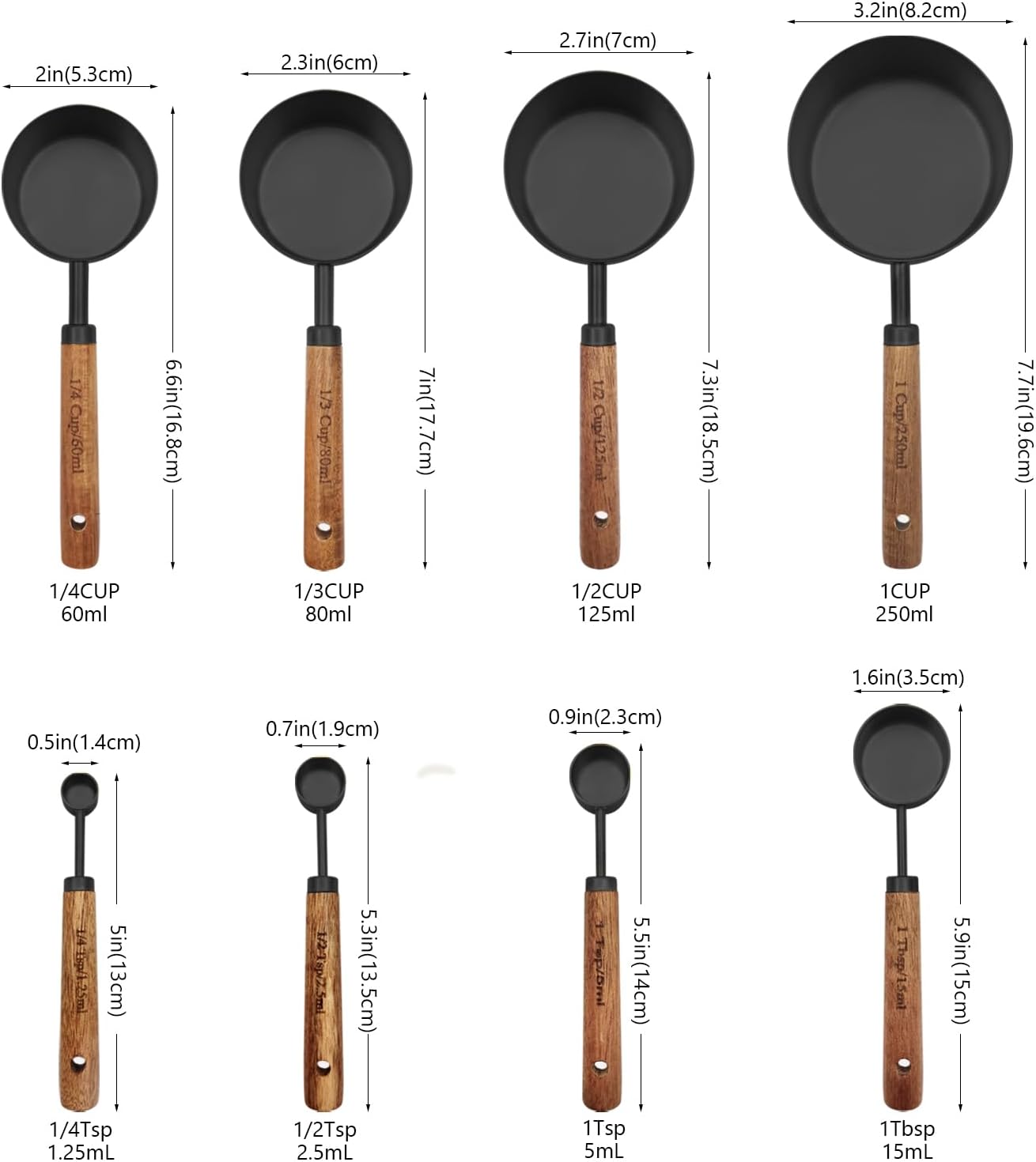 Black Measuring Cups and Spoons Set, Measuring Spoons and Measuring Cup Set for Cooking & Baking with Wood Handle