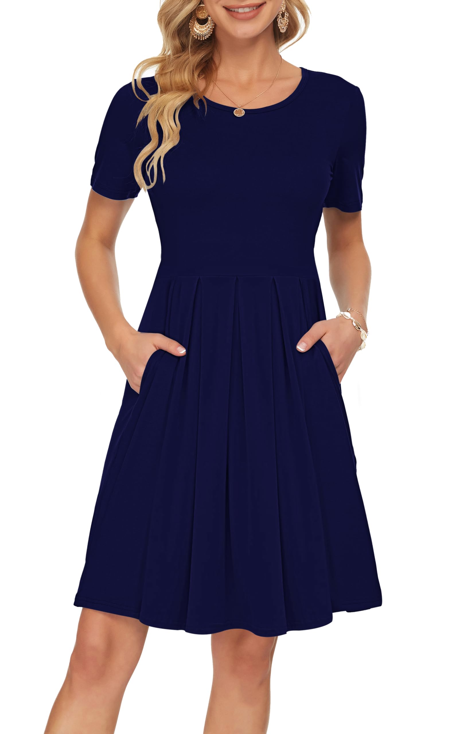 AUSELILY Damen Kurzarm Plissee Loose Swing Freizeitkleid mit knielangen Taschen