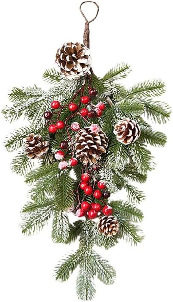 Christmas Artificial Teardrop Wreath Front Door with Berries and Pine Cones for Holiday Wall Hangings
