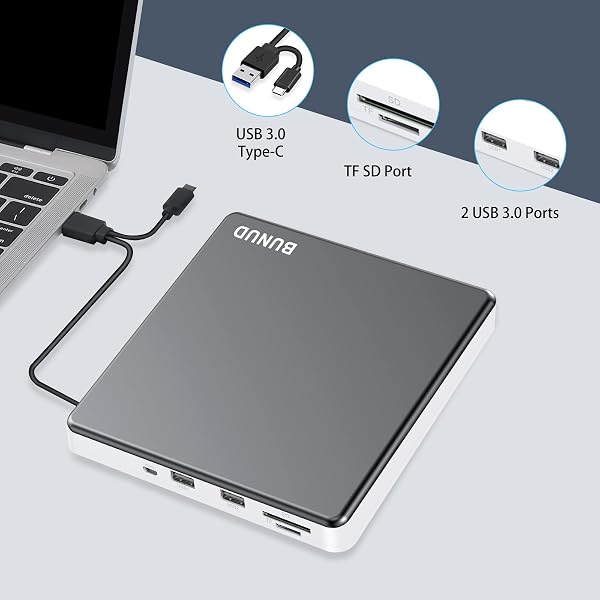 External CD DVD Drive, USB 3.0 & Type-C Portable CD/DVD +/-RW ROM Burner Rewriter with SD/TF & 2 USB Ports, Slim Optical DVD Player for Laptop Mac Macbook Pro Air PC Apple iMac Windows - 5