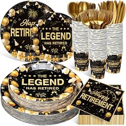 Funnymoom 400 Pcs Happy Retirement Party Supplies for 50 Guest Black and Golden Disposable Plate Napkin Cup Fork for Retire Party Decoration Tableware Favor for Women Men(Black and Golden, Retirement)