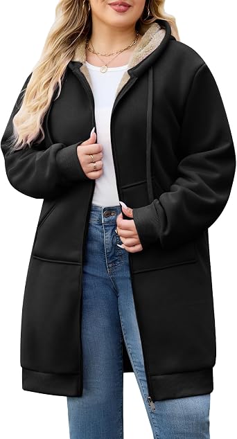 Women Plus Size Zip Up Hoodie Long Tunic Fleece Jacket Hooded