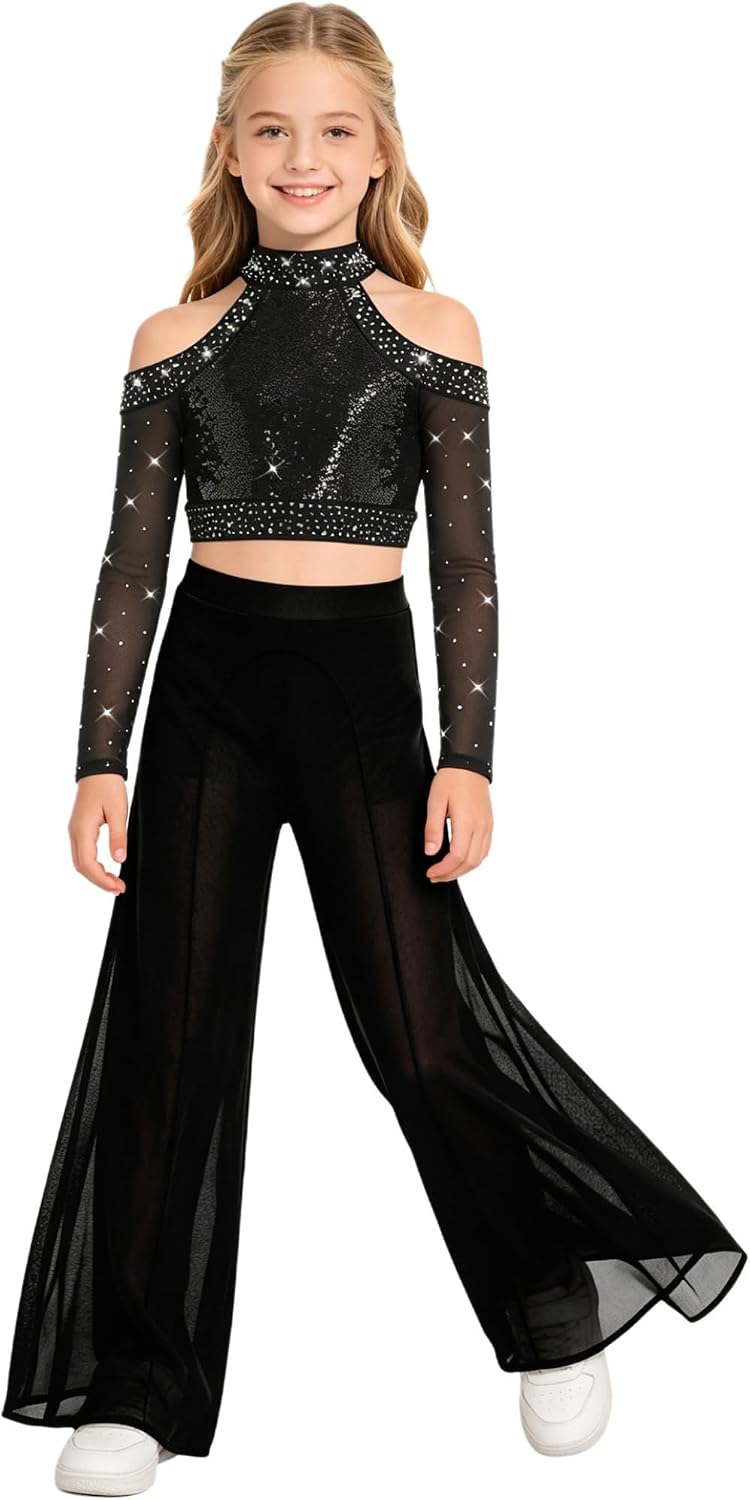 Hedmy Kids Lyrical Dance Costume Skating Clothing Sets Sequins