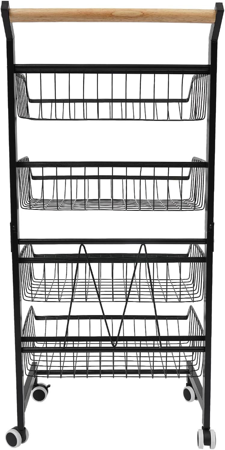 Vegetable Rack for Kitchen Stackable Fruit Basket Vegetables Storage Trolley Kitchen Trolley with Lockable Wheels and Wooden Handle for Bathroom Kitchen Office Black