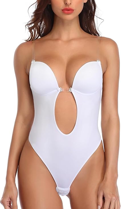 SLIMBELLE Bodysuit met blote rug, onzichtbaar, volledige golvende body voor dames, naadloos, beha, rugvrij, lingerie, avondjurk, transparante schouderriem, Wit, S