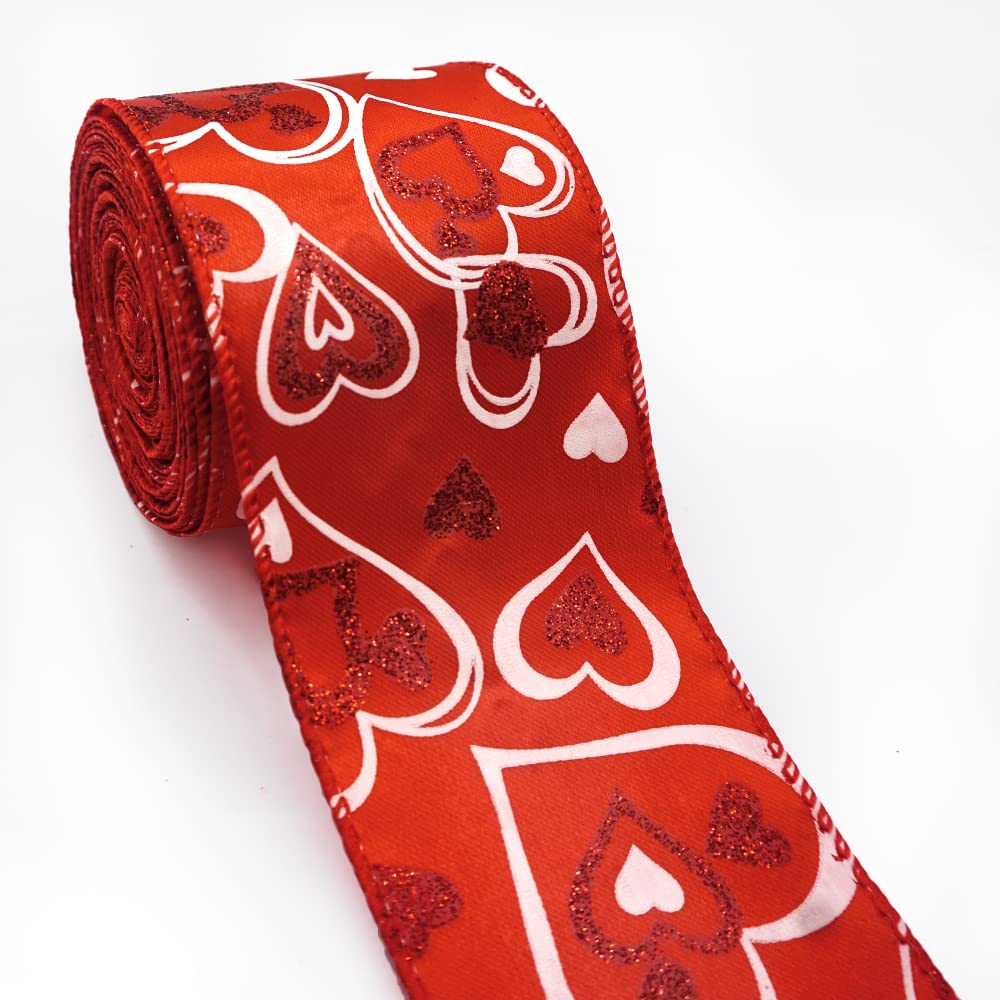 Valentines Fabric Ribbons, Red Glitter Love Heart Edge Wired Burlap Ribbon for Valentine's Day Hanging Wrapping Party Gift Decoration Indoor Outdoor Tree Crafts Supplies (2.5 Inch * 10 Yards * 1 Roll)