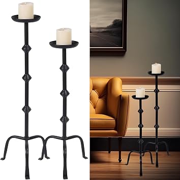 Mumufy 2 Pcs 32 Inch 27 Inch Metal Candlestick Floor Pillar Candleholder Elegant Tall Candleholder Metal Candelabra Candlesticks Holder for Formal Events Wedding Church Holiday Decor Black
