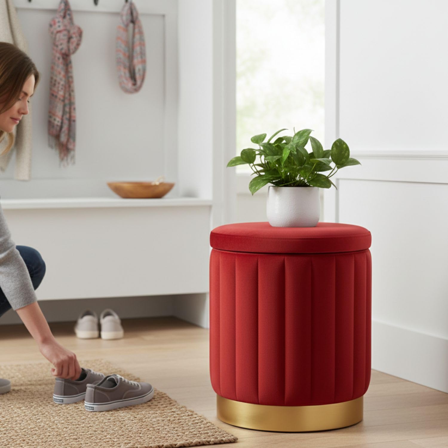 FLIPSSHOPPEE Round Luxurious Ottoman Sitting Stool with Hidden Storage Dutch Velvet Cover Memory Foam Padded Ottoman Bench Footrest, Pouffe, Office Stool, Vanity Chair for Living Room, Bedroom Red-image-22