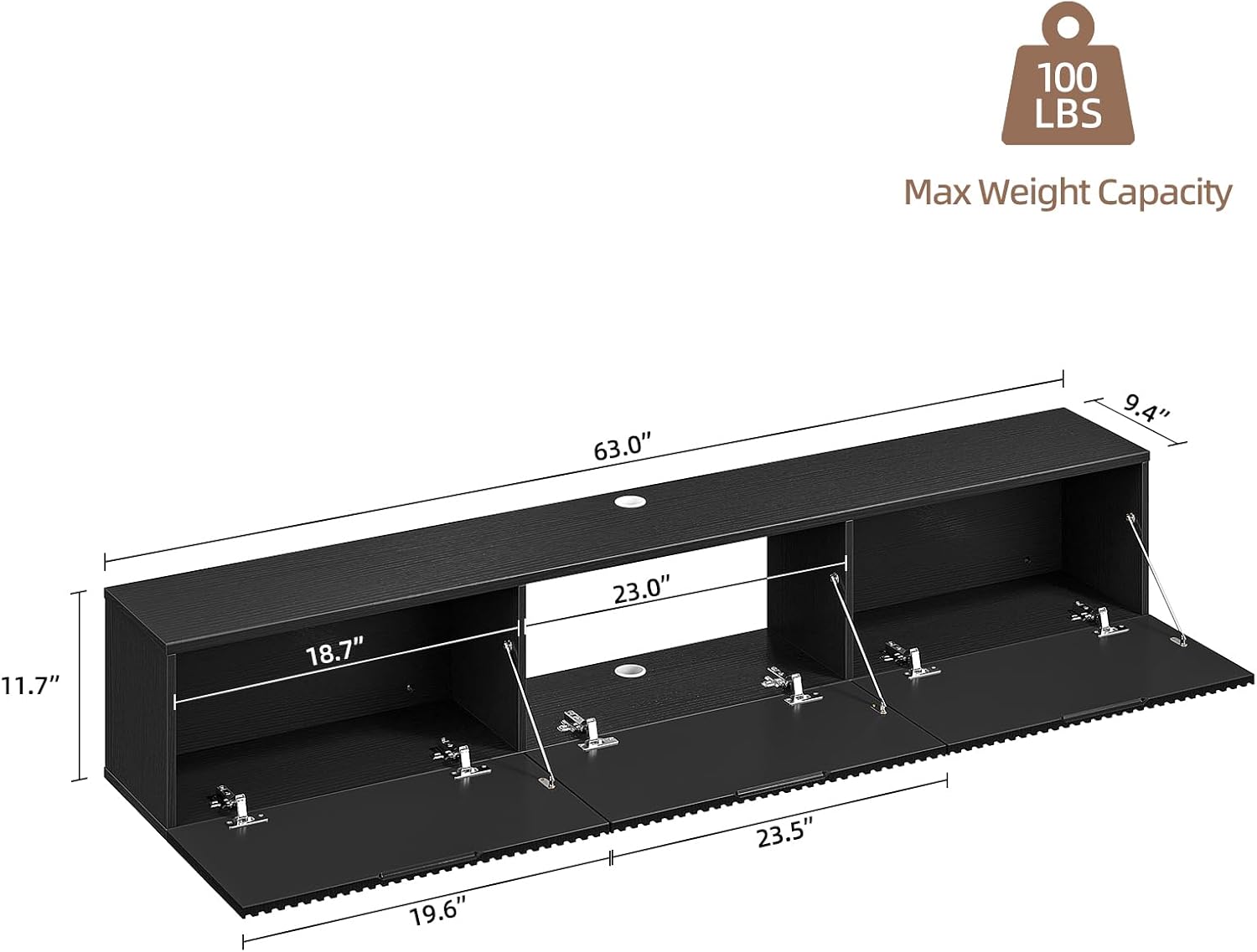 Floating TV Stand with 3 Doors, 63IN Wall Mounted TV Cabinet, Floating Media Console Entertainment Center with Storage, Under TV Shelf for Bedroom Living Room,Black