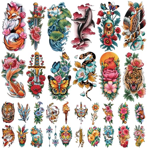 77 Sheets Old School Temporary Tattoos Adult Realistic Flowers Ti...