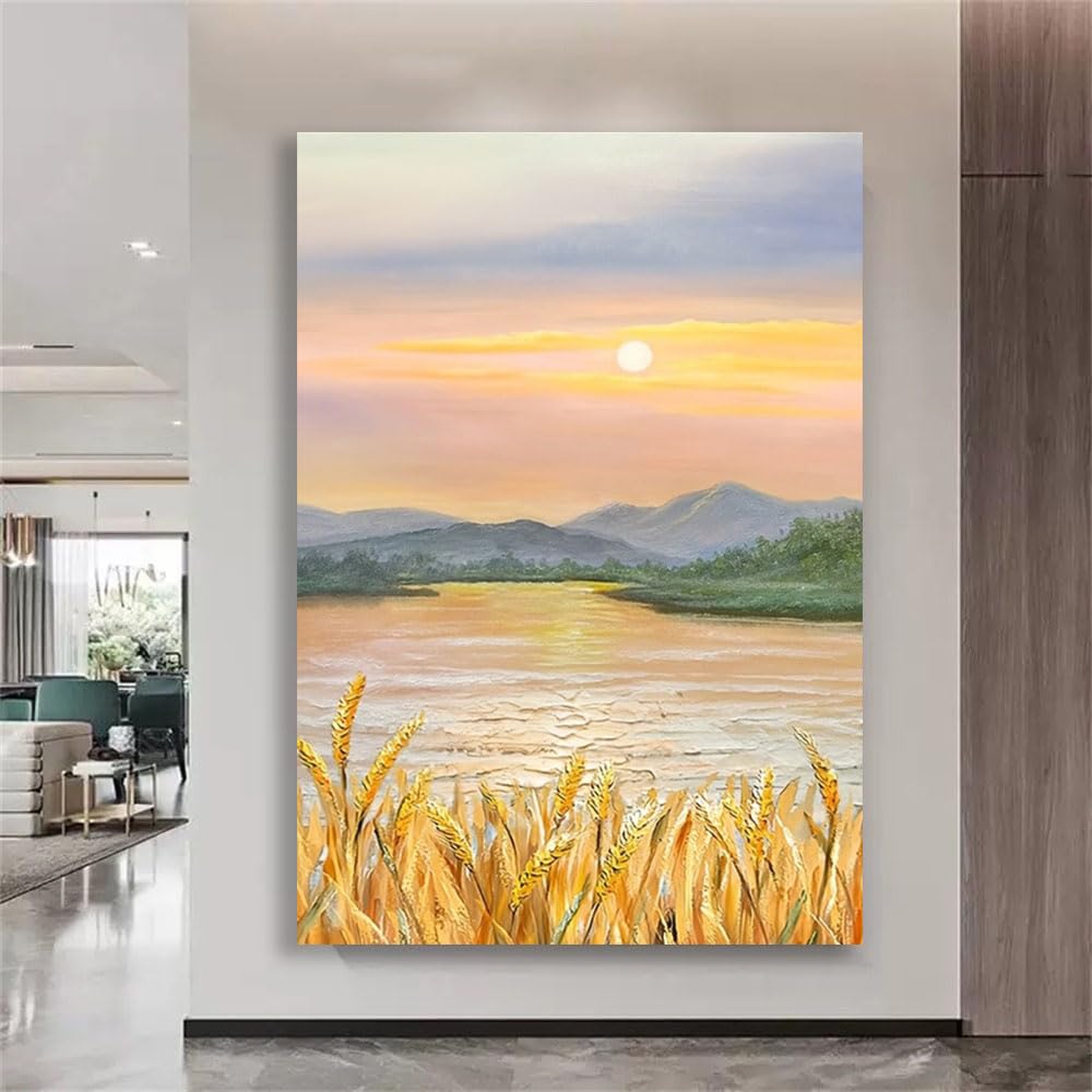 CWZBFEH Abstract Harvest Of Wheat Fields Eastern Sunrise Scene Canvas Wall Art, Depicting Distant Mountains Nearby Water(35x45cm/No frame)