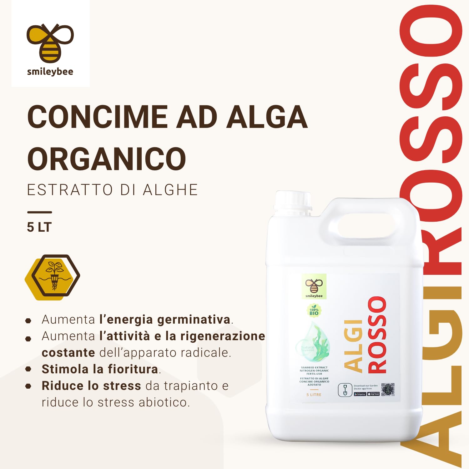 Algirosso Biostimolante 100% Biologico per Piante - Concime Alga Fertilizzante, Aumenta l'Energia Germinativa e Incrementa l'Attività delle Radici - 5 Litri