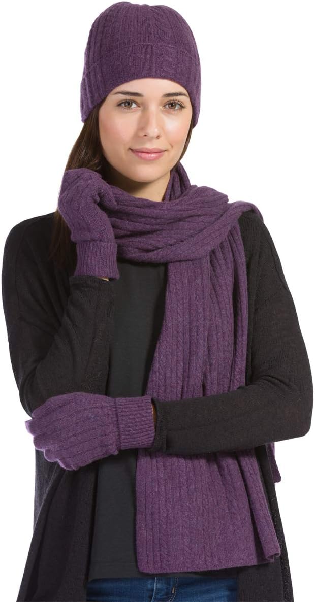 Women's Pure Cashmere Cable Knit Hat Glove Scarf Set with Gift Box
