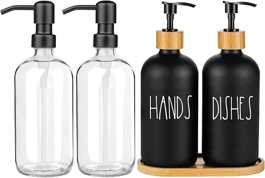 Arktek Glass Soap Dispenser Set with Tray and Clear Glass for Kitchen, Refillable Liquid Hand with Rust Proof Stainless Steel Pump Bathroom, Countertop