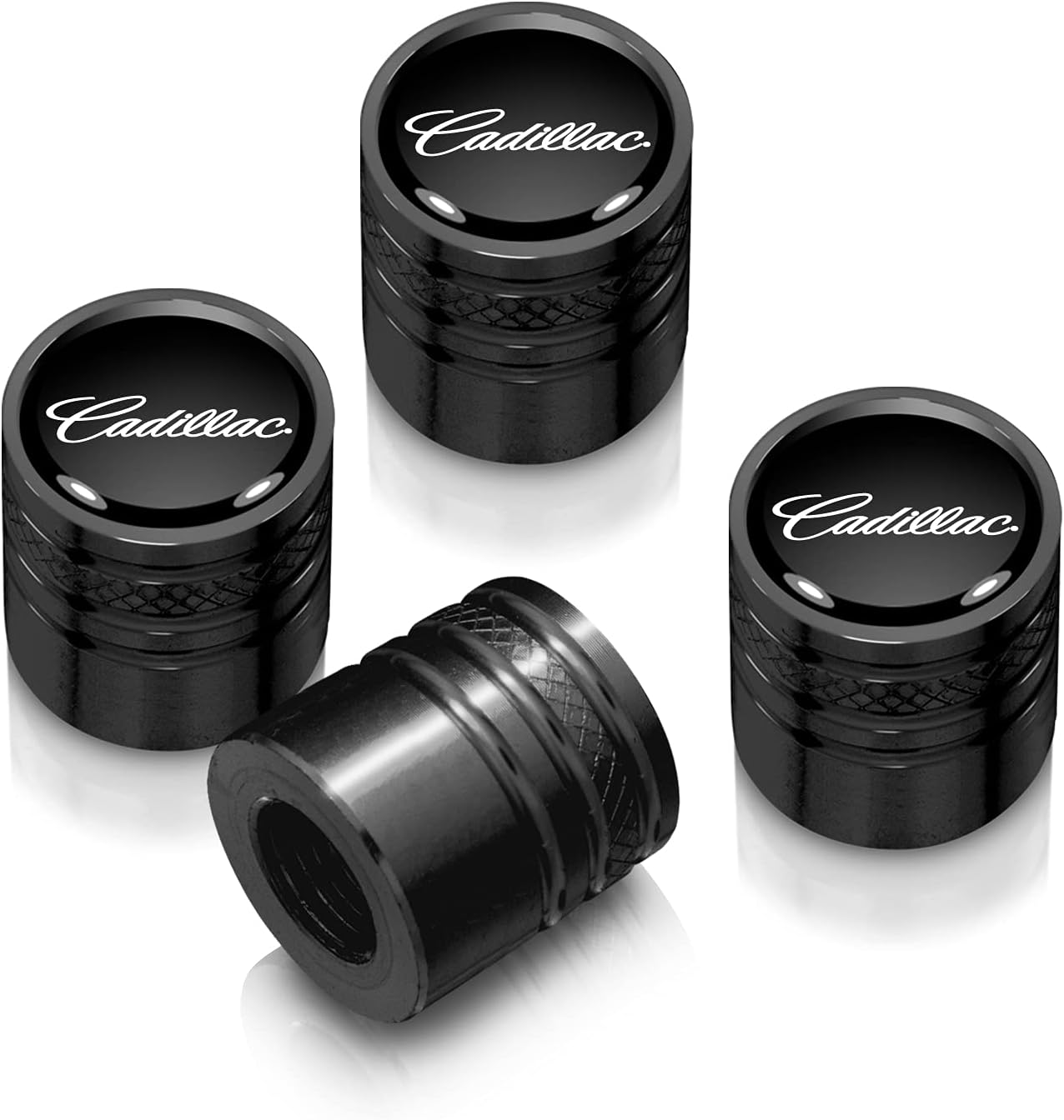 iPick Image for Cadillac Script Nameplate in Black on Black Aluminum Cylinder-Style Tire Valve Stem Caps