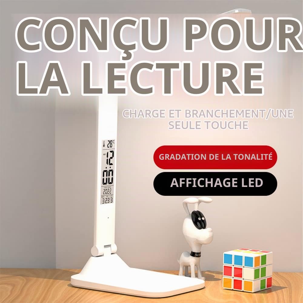 KISUFU Lampe de Bureau LED, 3 Couleurs Contrôle Tactile Portable Pliable chevet Lampe Lecture Protection des Yeux Avec Port USB et Fonction Minuterie/Température/date.
