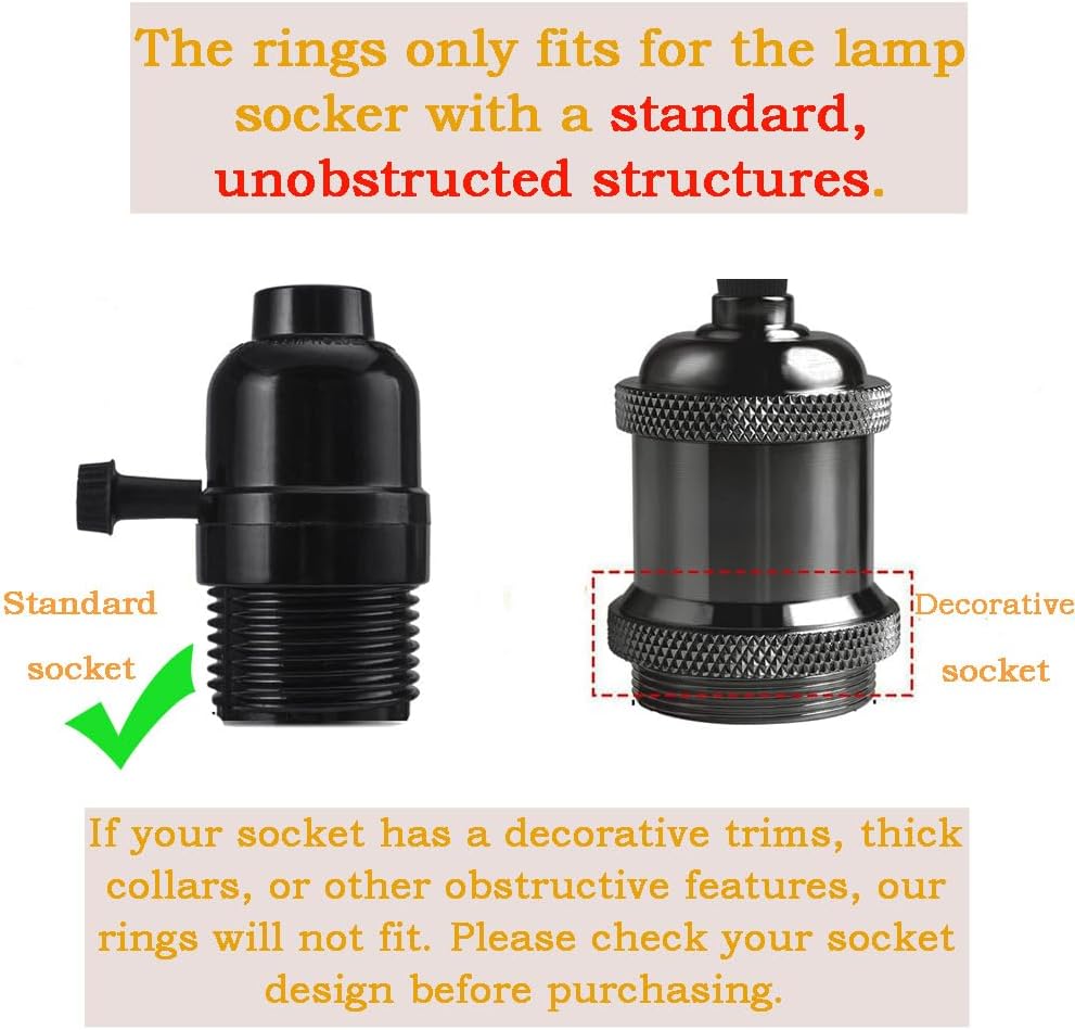 4PCS E26 Light Socket Shade Rings Collar Rings, 2 Assorted Size Lamp Shade Rings 34mm 39mm Inner Diameter, Black Threaded Reducer 1-3/8 Inches and 1-1/2 Inch