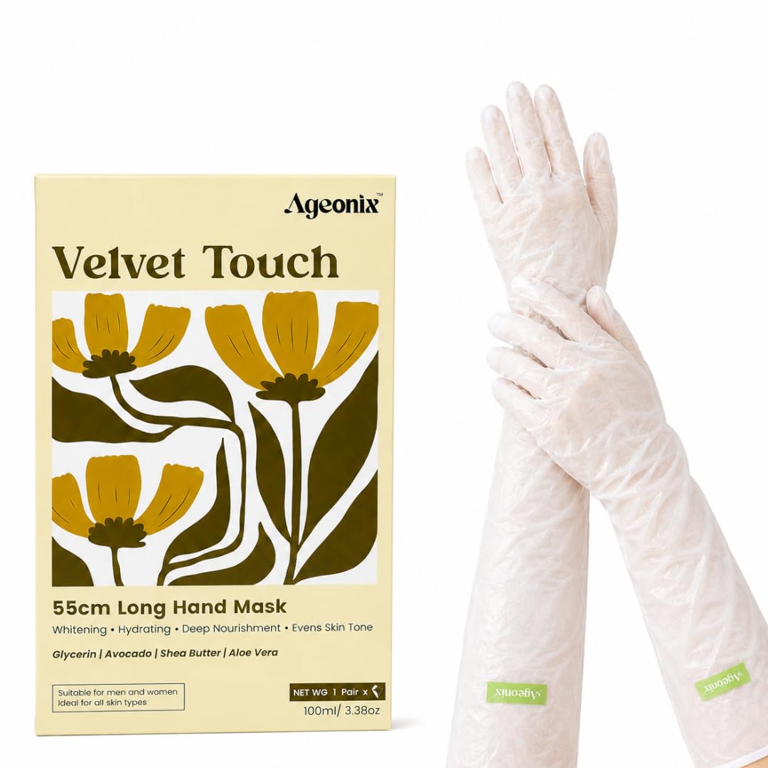 Ageonix Velvet Touch 55cm Long Hand Mask | Hand Treatment Gloves & Nourishing Care for Brightening Skin, Whitening, Shea Butter, Aloe Vera, Avocado, Glycerin Infused Gloves | Foot & Hand Mask Combo-image-35