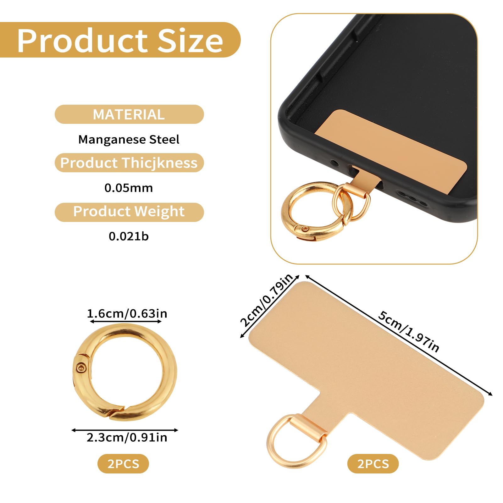 2 Handy-Halteschlaufen Patch – Metall, Roségold & Schwarz, Ohne Kleber, Für Handy-Umhängerbänder