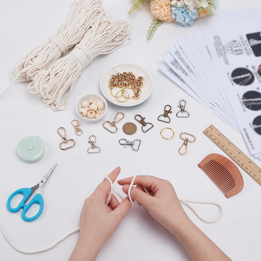 INFUNLY 11pcs/Set Boho DIY Macrame Keychain Kit for Adult White DIY Macrames Making Kit Wood Beaded Winter Mini Macrame Keychain Set with Tassel Instructions for Car Keys Ring Handbags Backpacks
