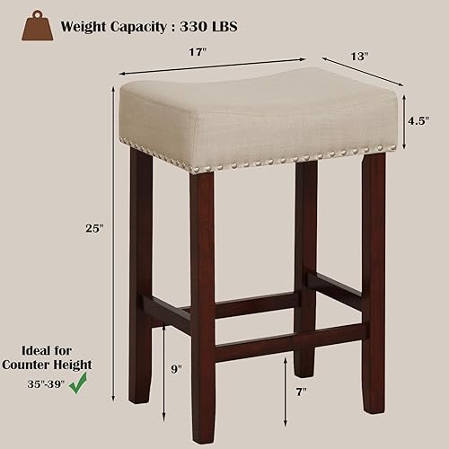Miniatura 3 de ERGOMASTER Taburetes de bar, 24 pulgadas, modernos taburetes de sillín, madera de caucho, caqui/marrón, juego de 2 Caqui/Marrón,Beige claro/madera