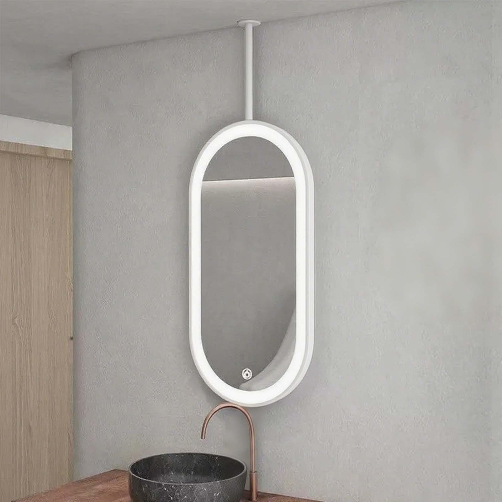 FGXHHS White, Oval Ceiling Hanging Mirror with Metal Boom and LED Lights - Customizable, Vanity Shaving Makeup Mirrors, Modern Design(40cmx60cm)