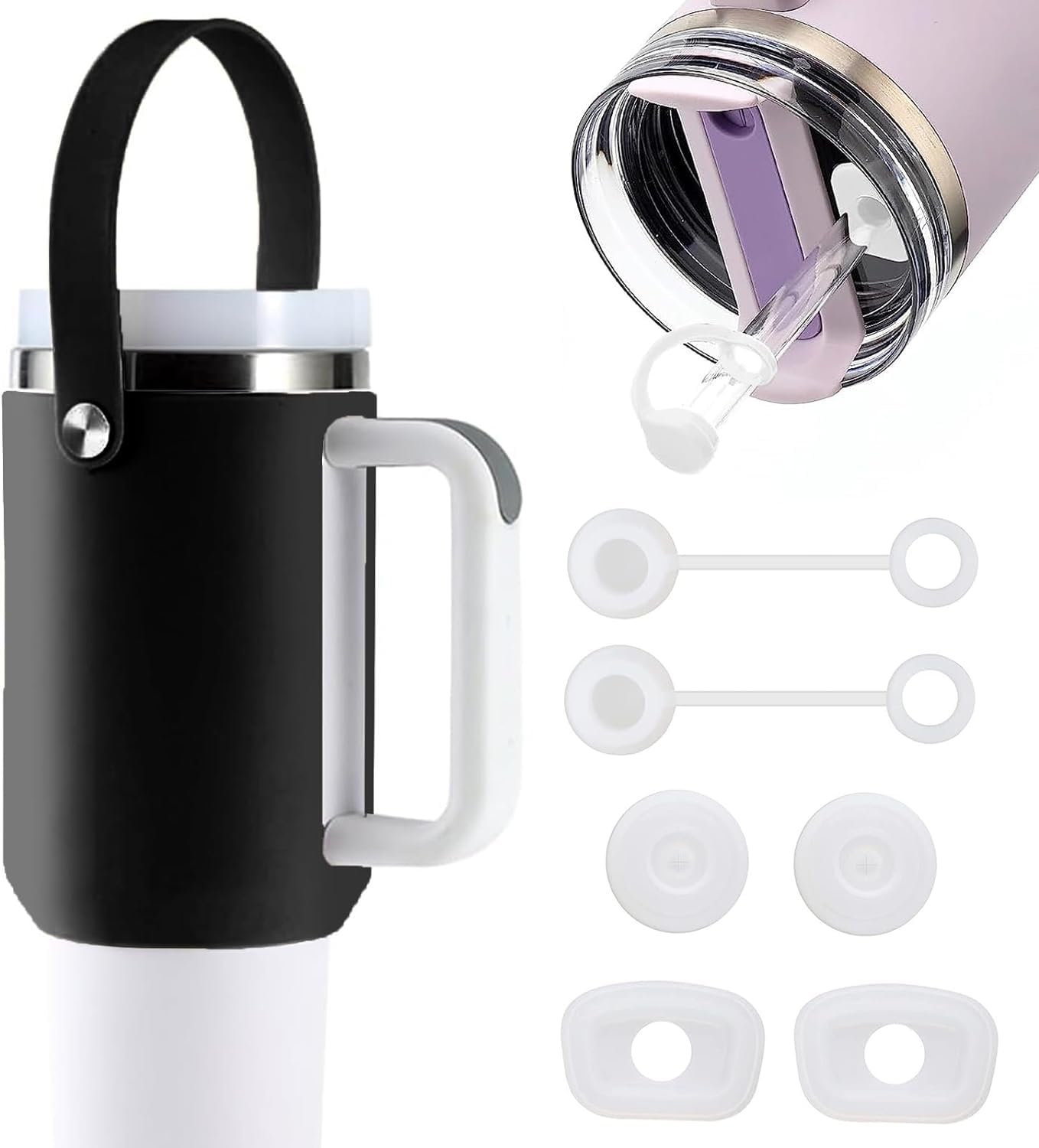 Water Bottle Handle Fit for Stanley 40oz Tumbler with Handle, With 2 Stanley Straw Cover Cap, 2 Square Spill Stopper & 2 Round Leak Stopper, Water Bottle Holder with Strap (Black)
