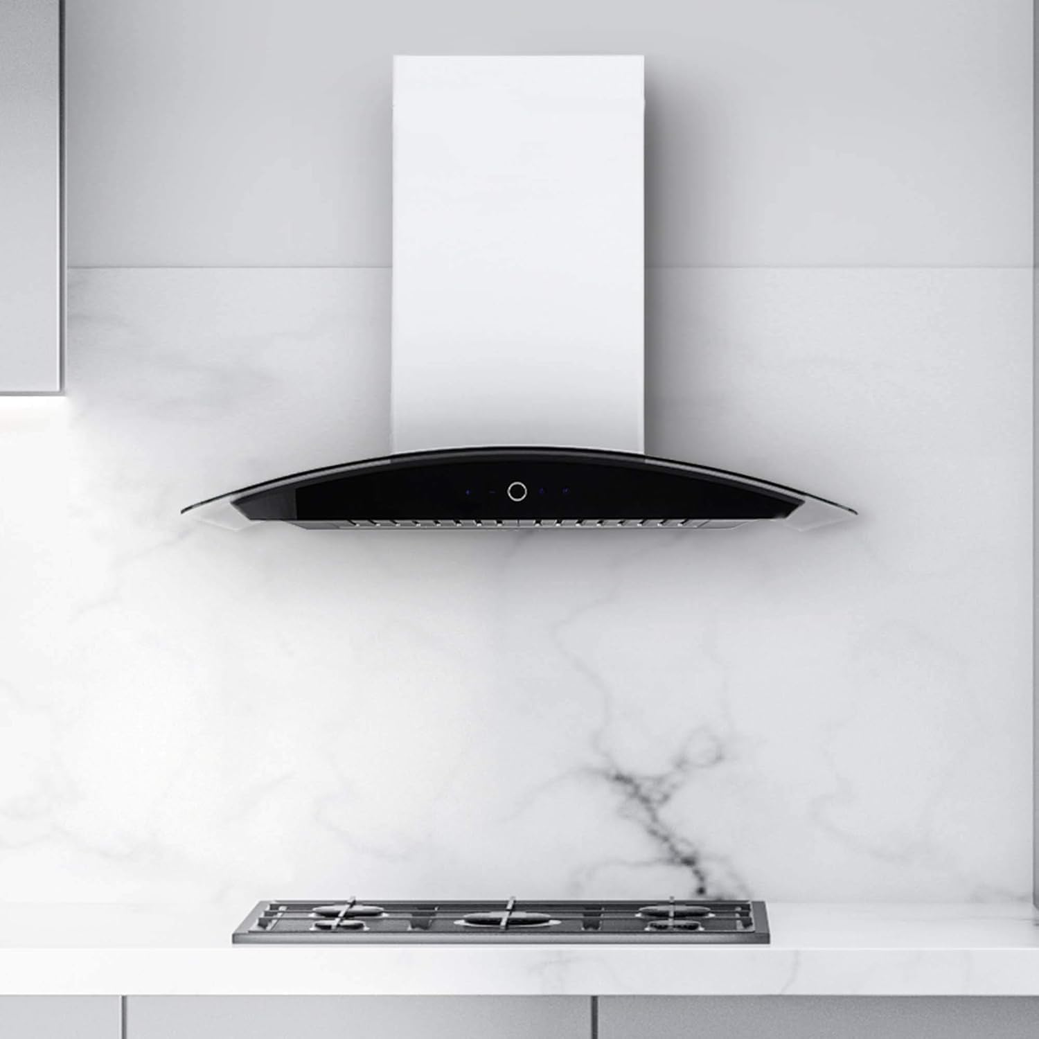 Hauslane Wall Mount Range Hood 30 Inch | Contemporary Stainless Steel & Tempered Glass | Onyx Black Panel, 3-Speed Touch Control, LED Lights, Baffle Filters | Vented or Ductless with Charcoal Filters