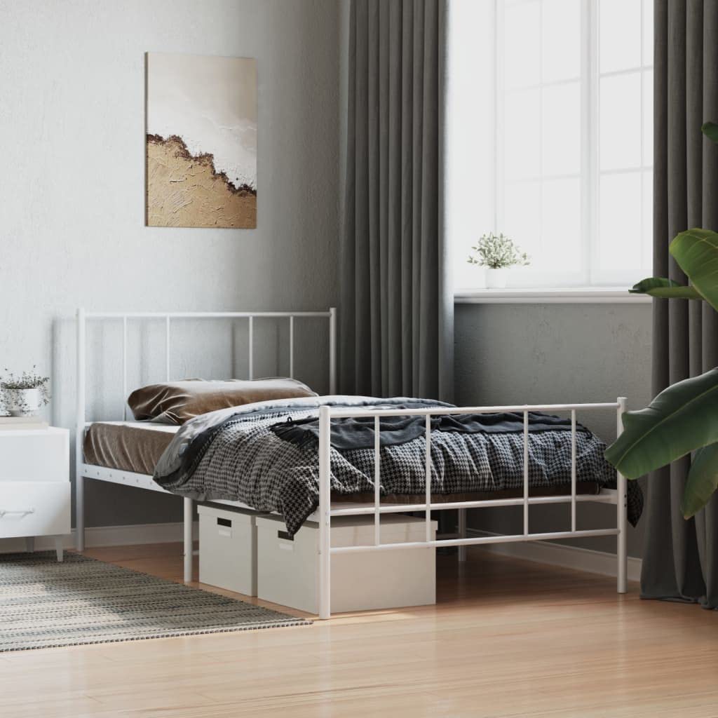 Cadre de lit métal blanc SKM 90x190 cm anti grincement avec sommier