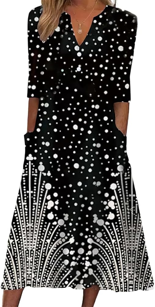 Akivide Womens Summer Boho V Neck Floral Print Half Sleeve Dress Casual Button Midi Dresses for Women with Pockets 2024