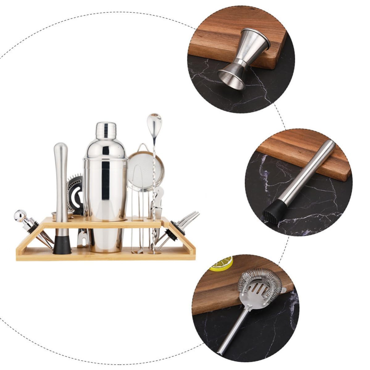 Cocktail Shaker Set in Acciaio Inox, 550ml, Argento, Supporto in Bambù, per Drink e Caffè, per Casa e Bar, Set Shaker Cocktail e Bar Tools
