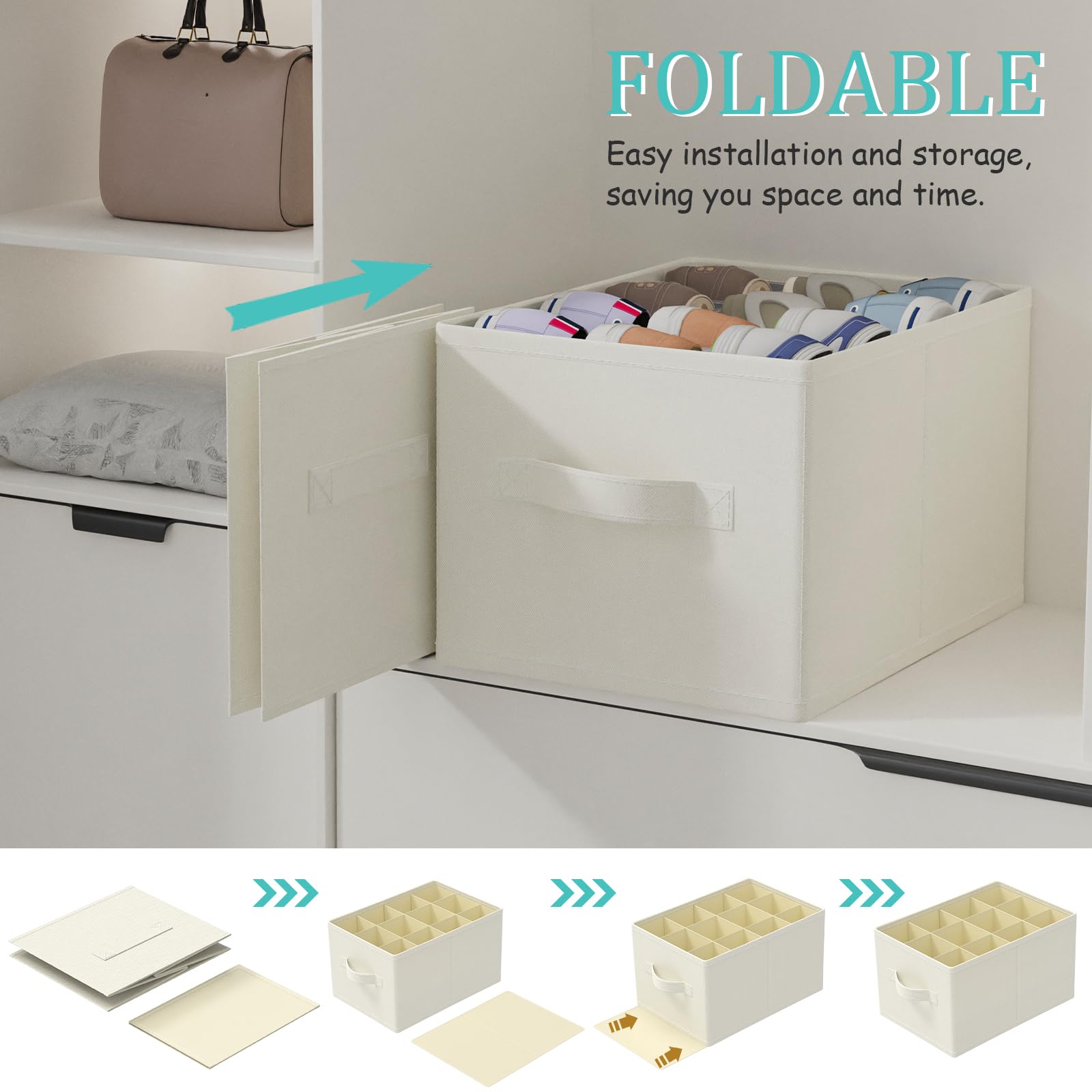 Scatole per Scarpe, Adatto a 24 Paia, Organizer Armadio per Guardaroba, Scarpiera Salvaspazio Pieghevole, Portascarpe con 3 Maniglie, 42 x 32 x 26 cm, Beige, XSNX02BE-2