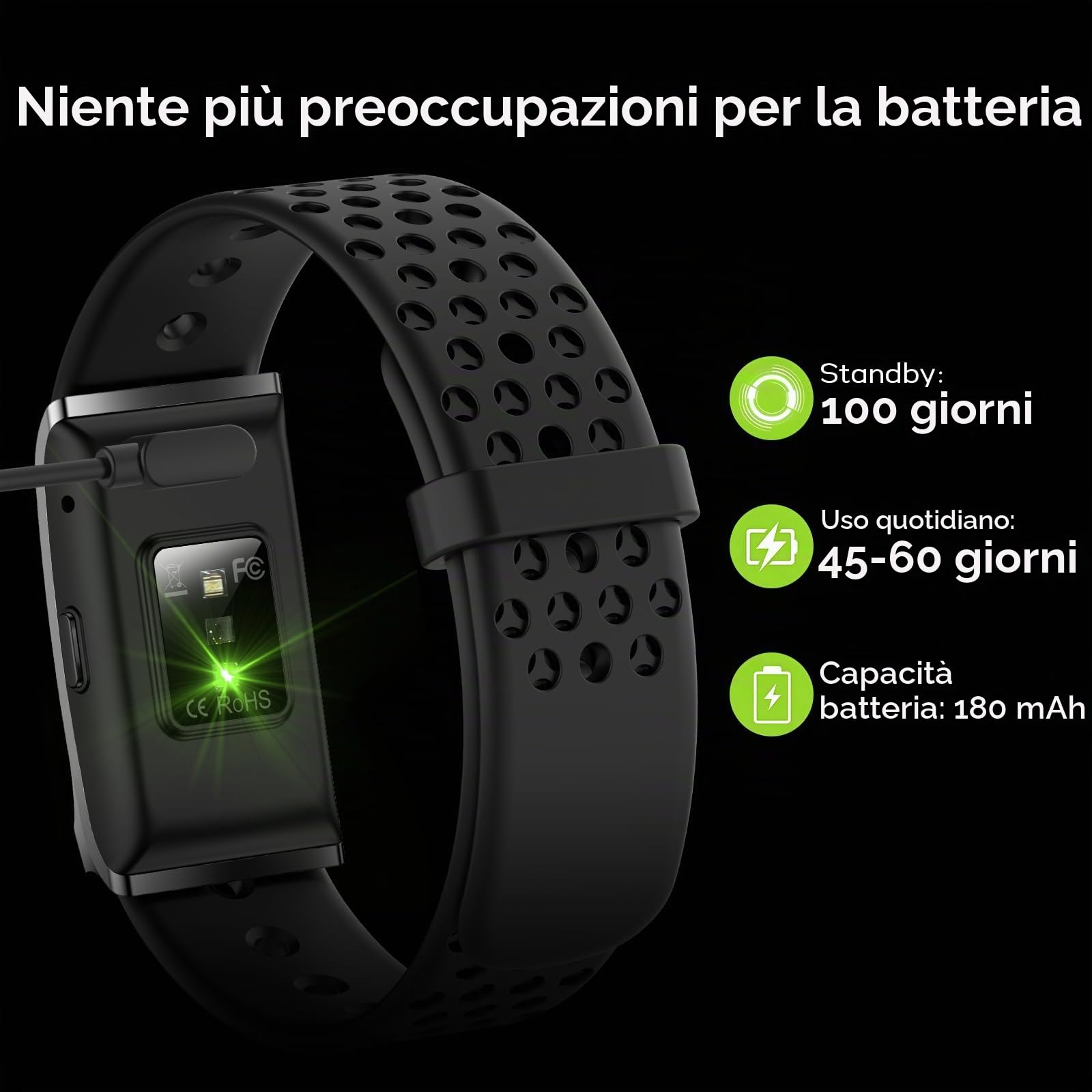 Braccialetto di Monitoraggio Fitness Multifunzionale Senza Schermo, Autonomia 40 Giorni, Sonno e Sport, Monitoraggio Cardiaco ip68 Impermeabile, 127 Diverse Modalità di Sport