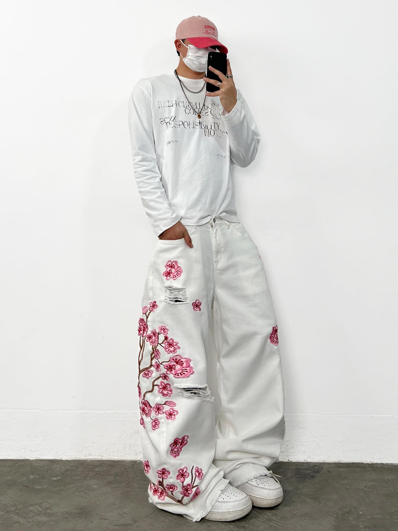 Jeans larghi ricamati da uomo, stile hip hop, fiori di prugno, gamba larga, Y2K