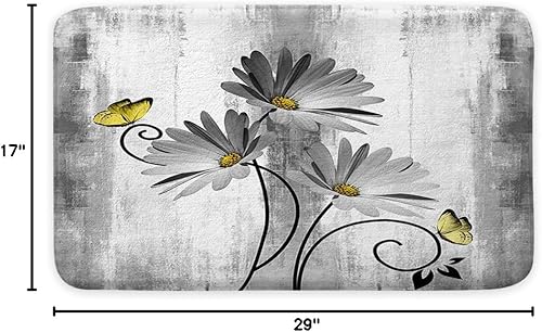 Miniatura 2 de Tapete de baño rústico de granja, diseño de margaritas y flores florales, mariposa, alfombra de baño de madera para baño, alfombra de baño suave y