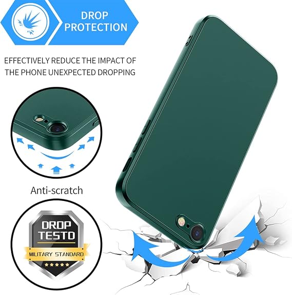 Case for iPhone SE 2022/2020, iPhone 8/7 - 2x Tempered Screen Protector, Liquid Silicone Soft Shockproof Bumper - Dark Green