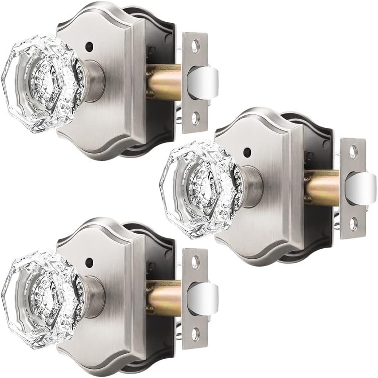 Orger Octagonal Crystal Door Knobs 3 Pack, Interior Privacy Door Handle for Bed/Bathroom with Pin Lock Inside, Satin Nickel Vintage Rosette Door Knob with Heavy Duty Genuine Glass