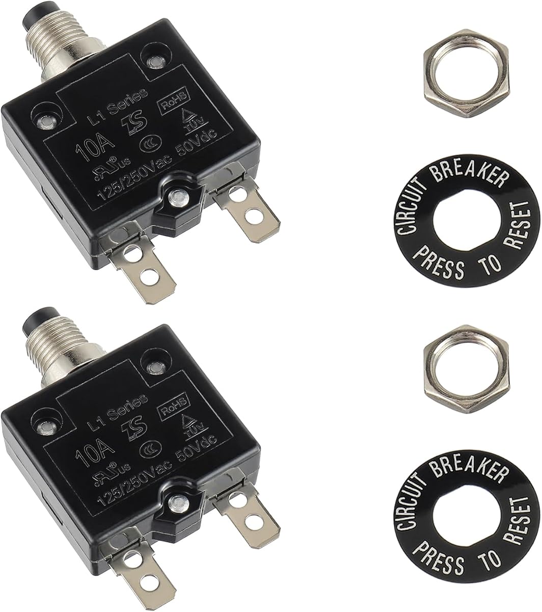 10 Amp Push Button Circuit Breaker 125-250V AC 50V DC | L1 Series Manual Reset Thermal Circuit Breaker 10A Thermal Overload Protector (pack of 2)
