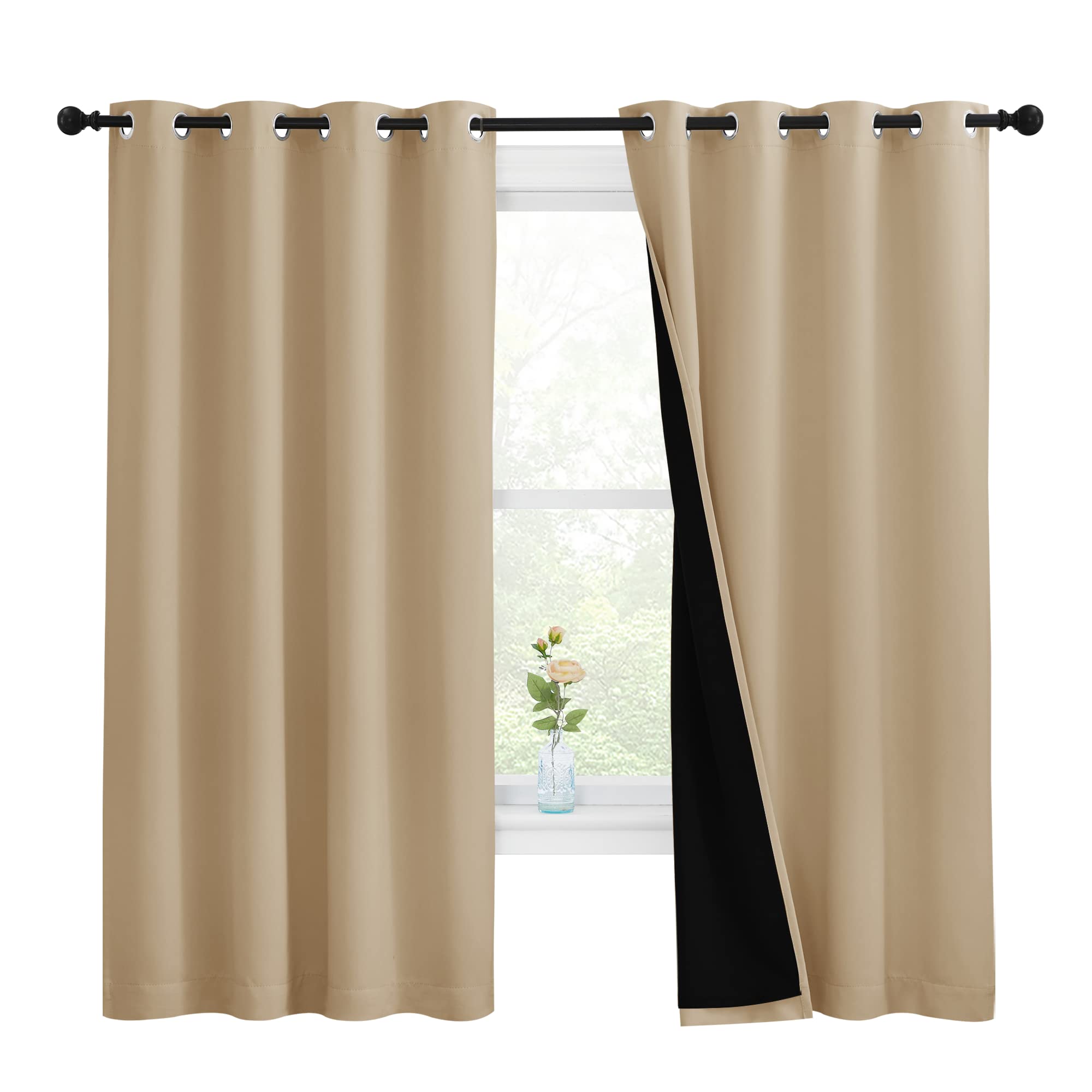 NICETOWN Bedroom Full Blackout Curtain Panels, Super Thick Insulated Window Covers, Complete Blackout Draperies with Black Liner for Short Window(Biscotti Beige, Set of 2 PCs, 55 by 68-inch)