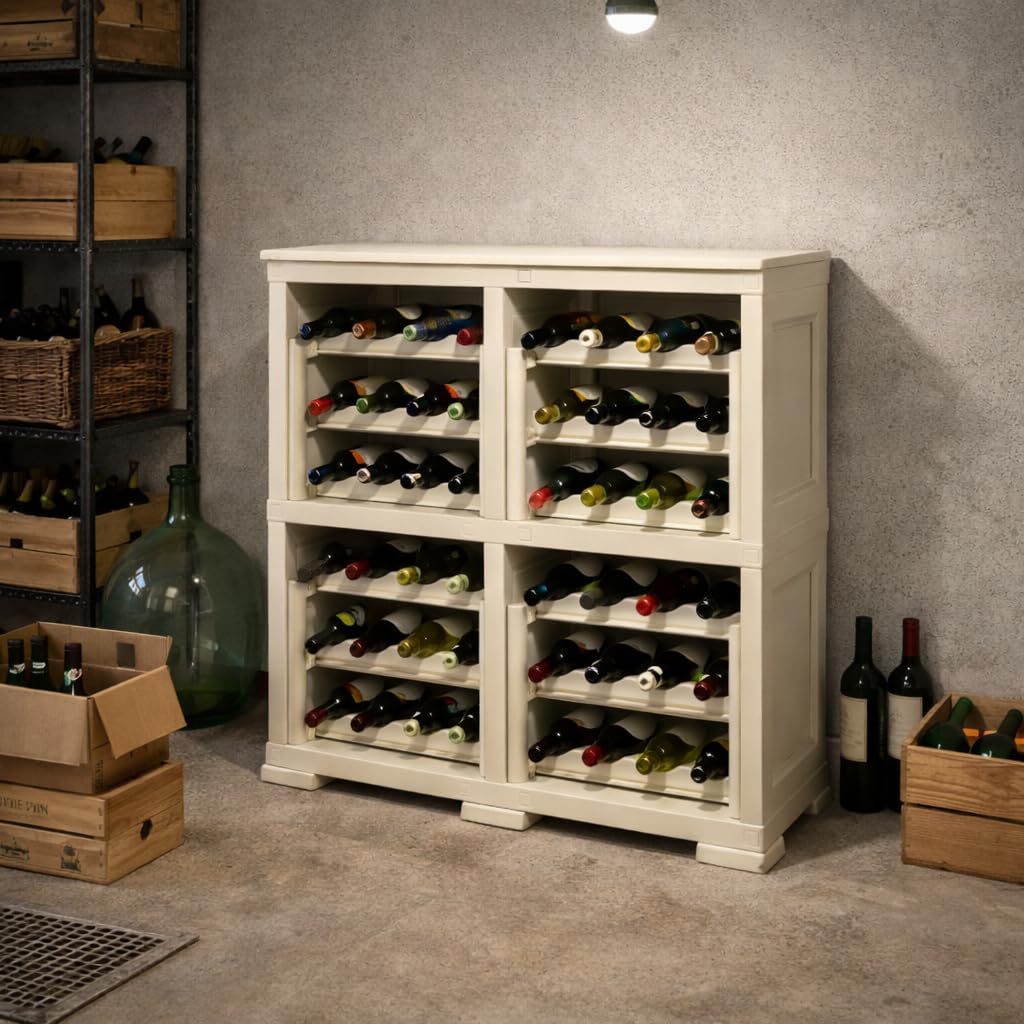 Scaffale Portabottiglie per 48 Bottiglie, Cantinetta Vino Modulare in Plastica, Mobile Porta Vino a Vista per Cucina, Cantina o Soggiorno, 79x42,5x85,5 cm (Angora)