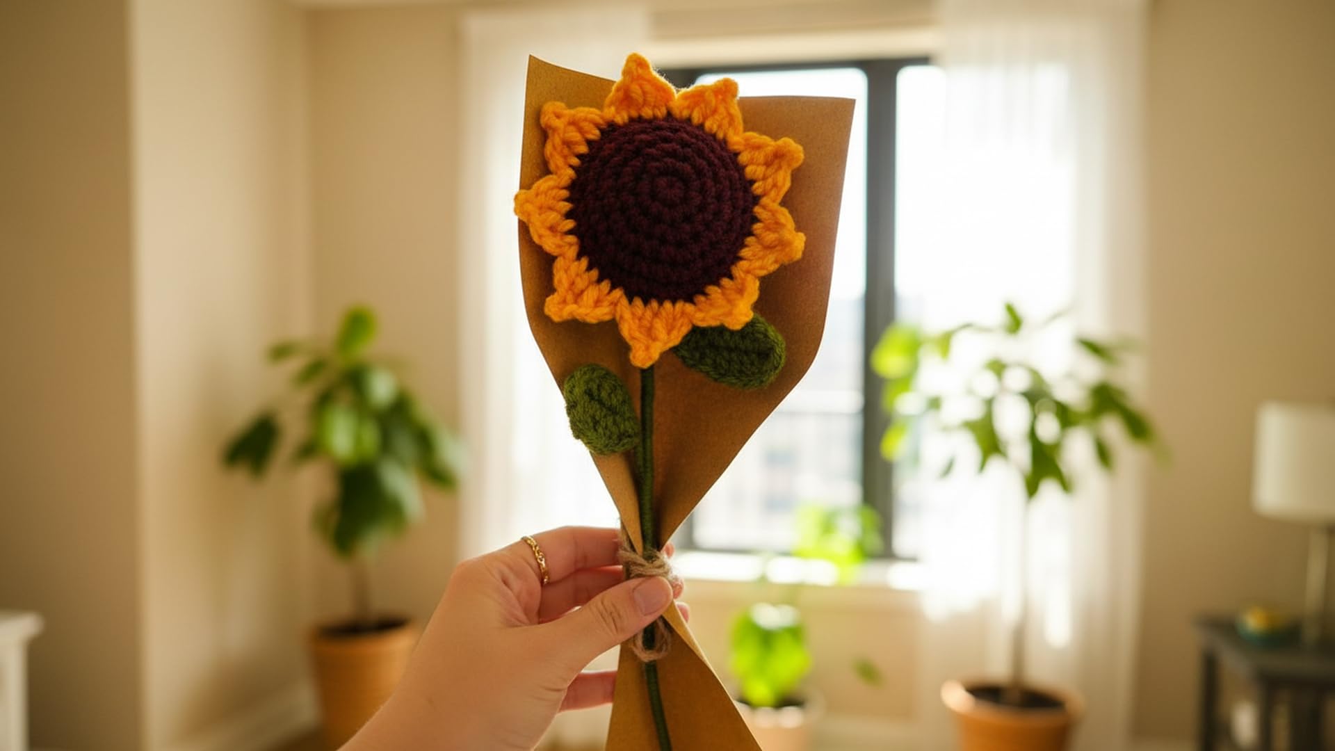 SHREE CROCHET Handmade Crochet Sunflower Bouquet – Woolen Knitted Flower Bunch for Tabletop Decoration & Eco-Friendly Gift (Yellow, 15 cm)-image-20