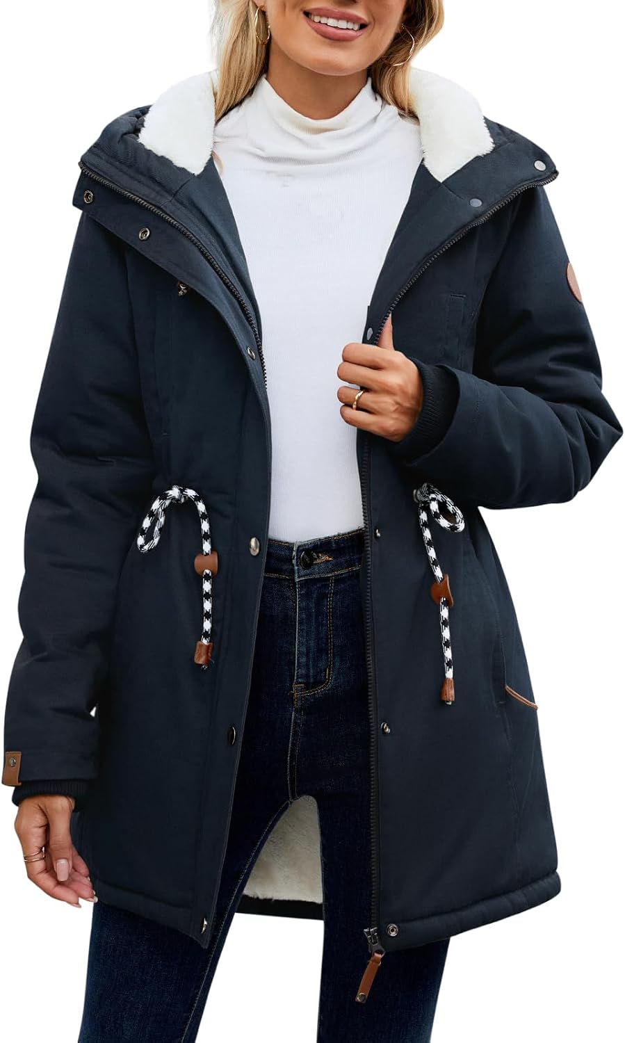 Women's Winter Fleece Lined Sherpa Parka Jacket Warm Thicken Fuzzy Hooded Down Coat Casual Plush Drawstring Outerwear - Image 2