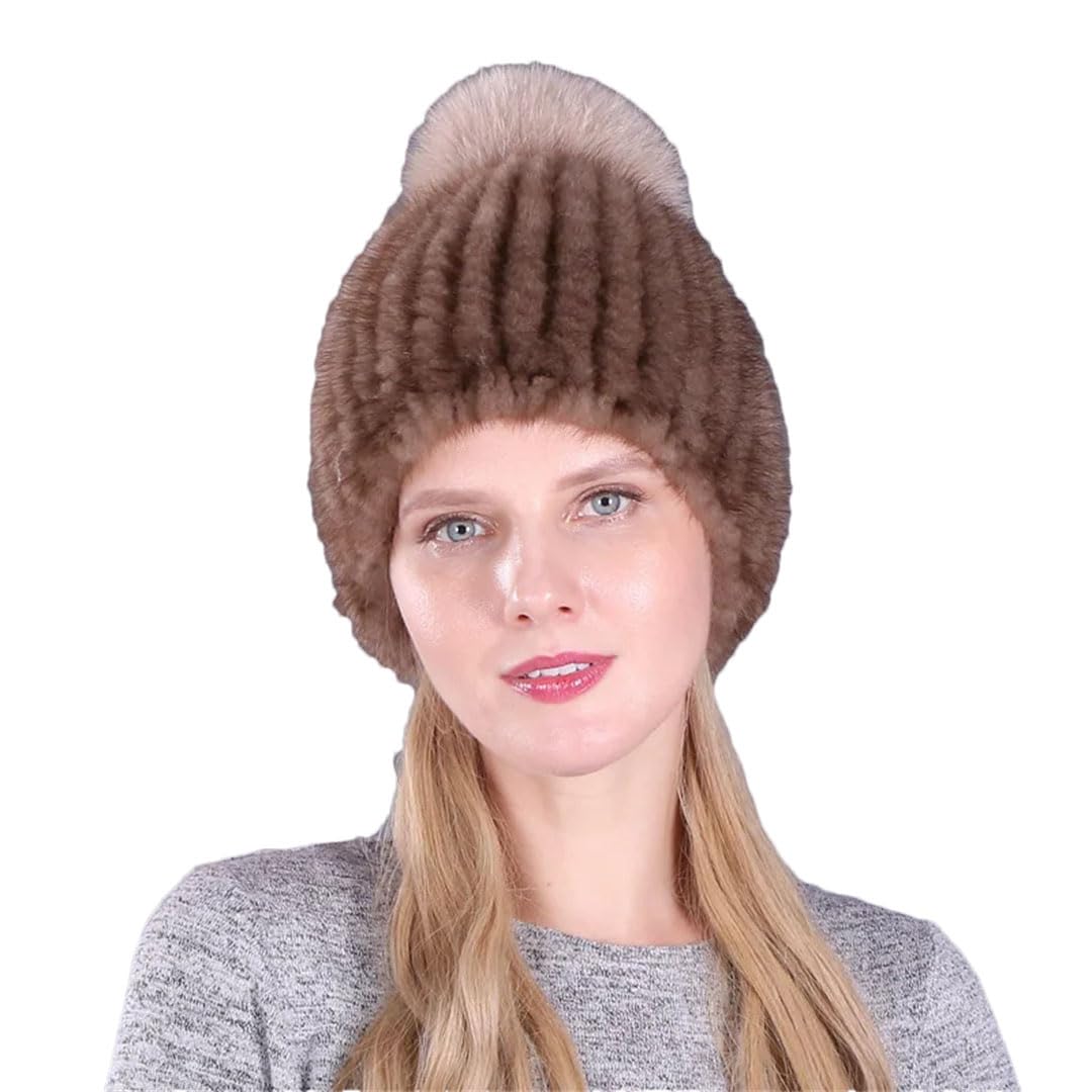 Cappello da donna in pelliccia di visone lavorato a maglia a mano berretto freddo cappelli in pelliccia pompon elastico