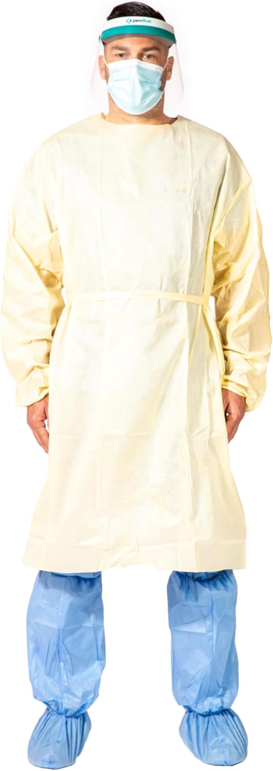 Disposable Isolation Gown 100 Pack 3X-Large Yellow SMS Medical Gowns with Elastic Cuffs, Neck and Waist Ties, Lightweight Breathable Protective Apparel for Hospital Dental Lab Use
