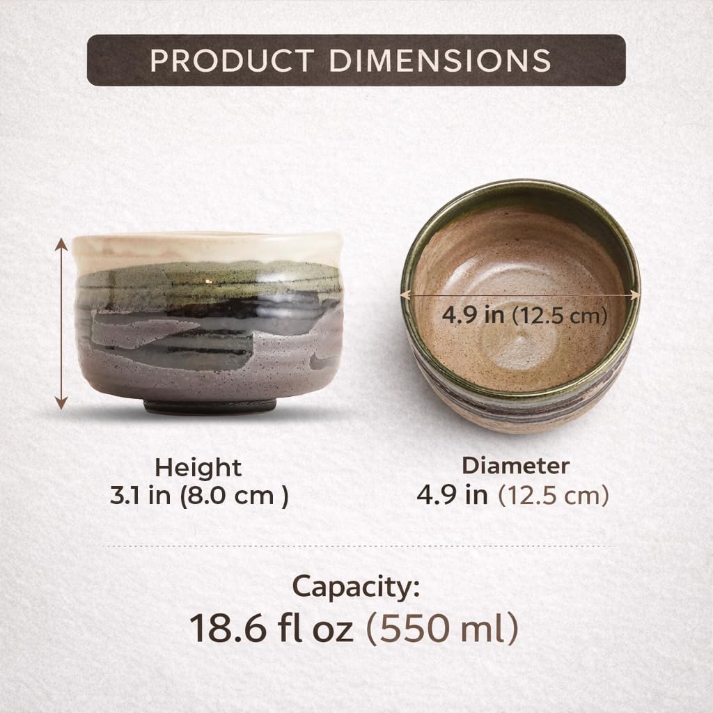 Japanese Matcha Bowl Suirei Scenery Design, Handmade Ceramic Sushi Cup, Oribe Green Glaze Tea Bowl, 18.6 oz (550 ml), 4.9 in, Artisan Japanese Tableware for Tea, Rice, Dessert (Saiun Brown)