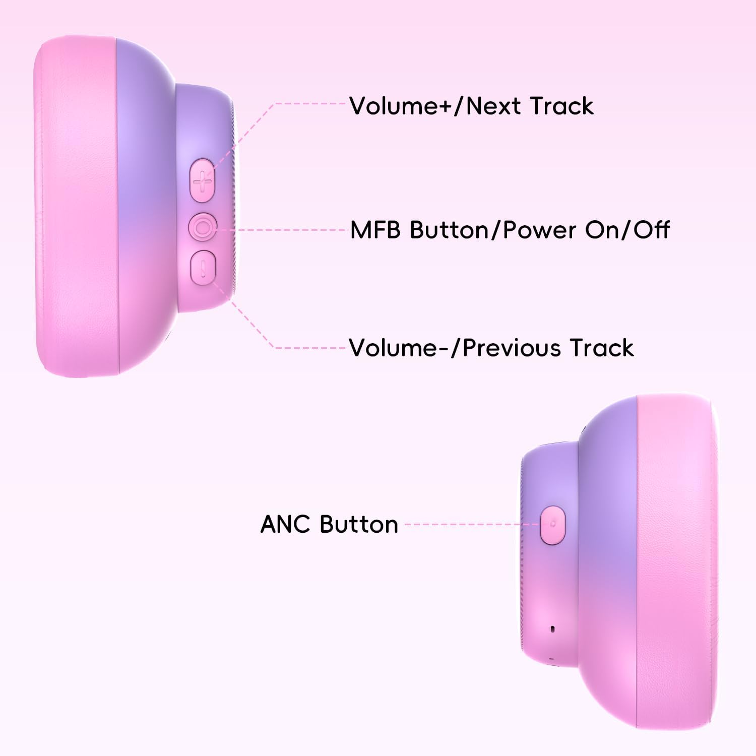 Candy Bila Active Kids Noise Cancelling Headphones, 60H Play Time Kids Bluetooth Headphones, Volume Limited, Bluetooth 6.0, USB C Charging, Headphones for iPad Tablet Airplane,Gradient Pink
