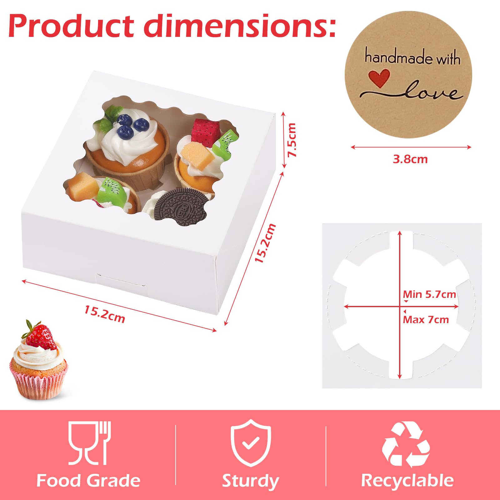 pupuluck 26 Pcs Cupcake Boxes 4 Hole with Window Dessert Cup Cake Boxes (15.2x15.2x7.5cm) Thick Paper No Folding Required Cupcake Box for Donuts Chocolate Cake Dessert - Image 2